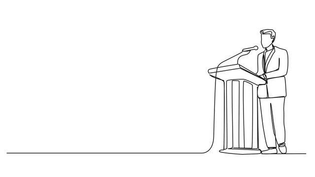 animated continuous single line drawing of speaker at lectern, line art animation