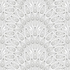 Abstract floral seamless pattern. Repeating oriental ornate background. Beautiful pattern of black and white peacock feather. Textile fashion design. Art deco style. Vector illustration