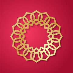 Round lacy frame with cutout borders on red. Vintage paper cut golden 3d ornamental background. Invitation or greeting card design template. Laser cutting mandala element. Vector illustration