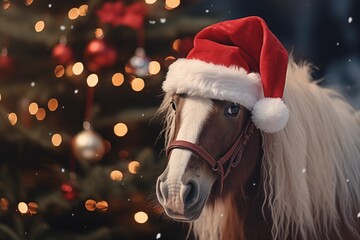 a cute horse wearing a santa claus hat under a christmas tree