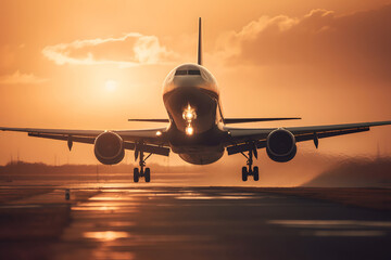 airplane landing at sunset.