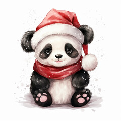 Watercolor Baby Panda Wearing A Santa Hat and Scarf