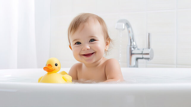 cute curly caucasian kid baby girl toddler taking a bath with yellow rubber duck toy smiling and looking at camera with copy space. baby care concept. AI.