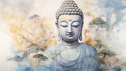 watercolor painting of Buddha statue - obrazy, fototapety, plakaty
