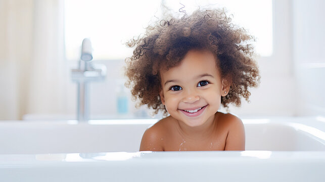 cute curly african american kid baby girl toddler taking a bath smiling and looking at camera with copy space. baby care concept. Ai.