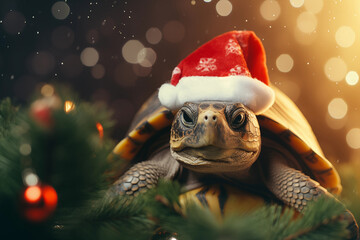 a cute turtle wearing a santa claus hat under a christmas tree