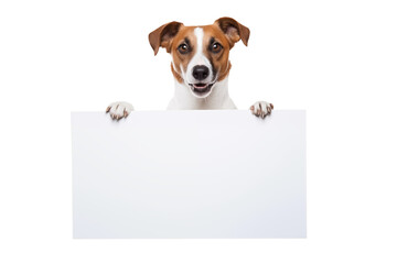 Jack russell terrier dog  holding a white blank paper or placard  with room for your marketing text. Isolated on transparent background. For web banner or social media cover - obrazy, fototapety, plakaty