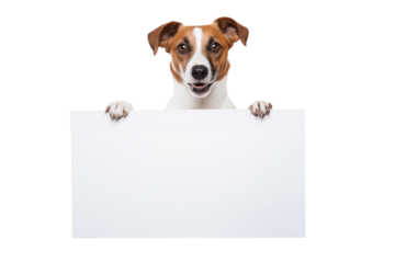 Jack russell terrier dog  holding a white blank paper or placard  with room for your marketing text. Isolated on transparent background. For web banner or social media cover