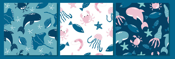 Set of seamless patterns with hand drawn underwater animals. © Yulia