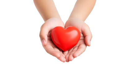 Obraz premium Child hands holding red heart isolated on transparent background. health care, donate and family insurance concept,world heart day, world health day, CSR responsibility, adoption foster family, hope