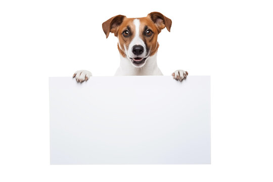 Jack russell terrier dog  holding a white blank paper or placard  with room for your marketing text. Isolated on transparent background. For web banner or social media cover