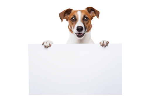 Jack russell terrier dog  holding a white blank paper or placard  with room for your marketing text. Isolated on transparent background. For web banner or social media cover