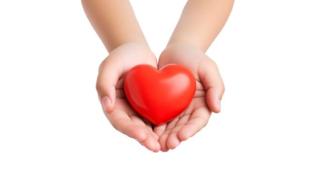 Child hands holding red heart isolated on transparent background. health care, donate and family insurance concept,world heart day, world health day, CSR responsibility, adoption foster family, hope