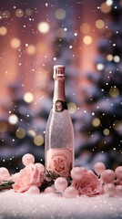 A bottle of chilled champagne rests amidst snowy backdrop flanked by delicate pink roses, bokeh lights