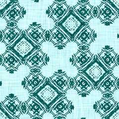 Teal blue white vibrant watercolor batik azulejos tile border banner background. Seamless coastal blur linen effect geometric mosaic effect. Patchwork nautical masculine summer ribbon trim. 