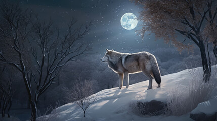A wolf standing in the winter snow