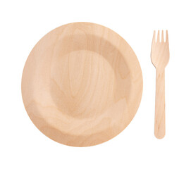 brown wooden fork and plate isolated on white background with clipping path, recyclable garbage, rejection of plastic, eco tableware perfect for bbq and eat outdoors