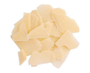 pieces of delicious parmesan cheese isolated on white background with clipping path, package design element, italian food, top view, concept of healthy food