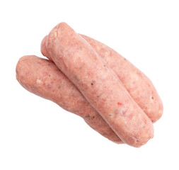 three uncooked pork sausages isolated on white background with clipping path, top view, freshness food, raw meat sausages for barbeque