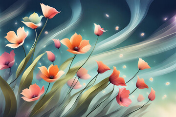 Abstract floral background with poppies and green grass. Generative AI