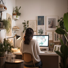 Fototapeta na wymiar Woman sitting doing design work with computer on desk in room filled with plants.