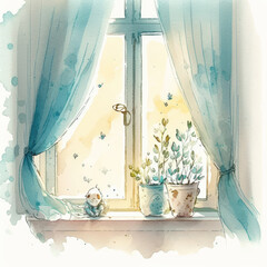 A potted flower and a small cat in front of a window, painted by watercolor