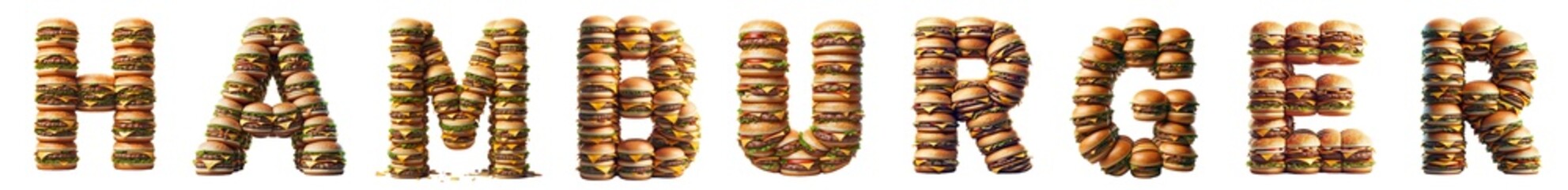The word HAMBURGER built with various hamburger sandwiches