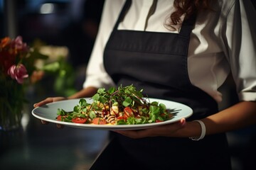 Closeup of a waitress serving a dish in a restaurant