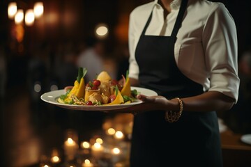 Closeup of a female waiter carrying and serving food plates - obrazy, fototapety, plakaty