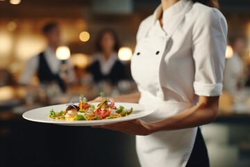 Closeup of a waitress serving a dish in a restaurant