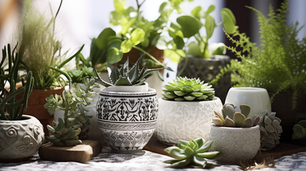 A Variety of Succulent Plants and Herbs on a Table