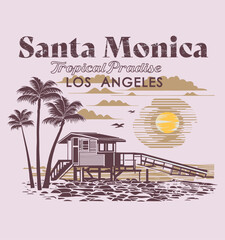 Santa monica.vintage sunset with palms on the beach illustration for t shirt and poster design