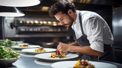 Male chef plating food in plate while working in commercial kitchen
