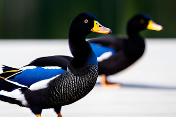 Obraz premium Ducks on the lake in the summer, closeup of photo. Generative AI