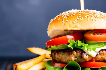 Delicious hamburger with lettuce, tomato and cheese on dark background. Generative AI