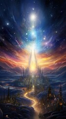 Majestic cosmic city rising toward shining star, celestial bodies, ethereal colors. Otherworldly architecture and exploration.