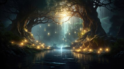 Ethereal woodland with luminous lanterns and reflective water surface. Fantasy setting.