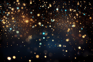 abstract blue and gold background with particles. golden light sparkle and star shape on dark endless space wallpaper. Christmas theme. Shiny texture, galaxy concept - generative ai - obrazy, fototapety, plakaty