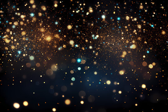 abstract blue and gold background with particles. golden light sparkle and star shape on dark endless space wallpaper. Christmas theme. Shiny texture, galaxy concept - generative ai