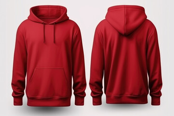 Set of red front and back view tee hoodie hoody sweatshirt on transparent background cutout, PNG file. Mockup template for artwork graphic design.