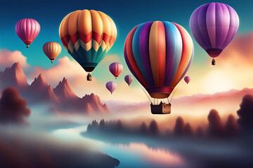 Fototapeta premium Hot air balloons flying in the sky at sunrise. Generative AI