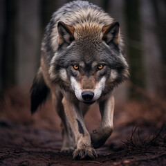 Fototapeta premium A dominant alpha wolf, showcasing its powerful rule and unstoppable dignity created with Generative Ai