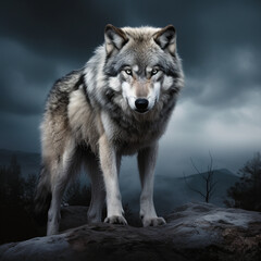 Fototapeta premium A dominant alpha wolf, showcasing its powerful rule and unstoppable dignity created with Generative Ai