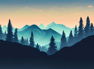 Mountain landscape with coniferous forest at sunset. Generative AI