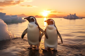 Global warming and ecosystems, penguins standing together facing sunrise in a dwindling habitat