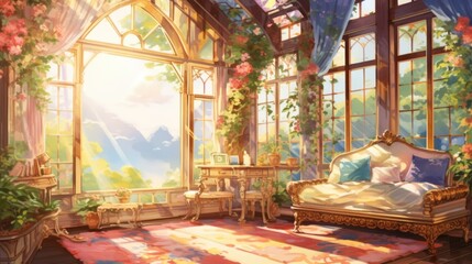 Fototapeta na wymiar Sunlit botanical room with opulent bed, ornate furnishings, overlooking majestic mountains. Home interior inspiration.