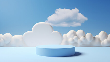 Minimalist Cloud Scene  3D Blue Render with Podium and Clouds for Product Display