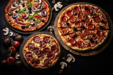 Pizza with pepperoni, mushrooms, olives, and tomatoes - obrazy, fototapety, plakaty