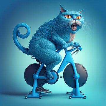  a giant blue allien cat legs riding an exercise bik