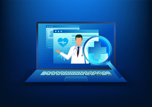 Healthcare technology The computer screen shows a doctor's image with a magnifying glass in front of it. Telemedicine, through a laptop, is the primary treatment for sick patients.